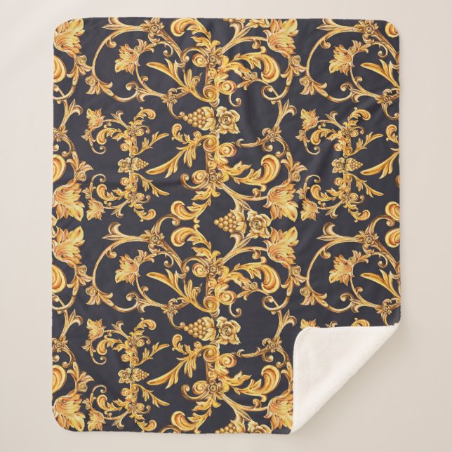 Golden Baroque, Scroll Leaves Pattern. Sherpa Blanket (Front)