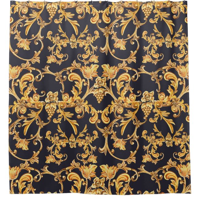 Golden Baroque, Scroll Leaves Pattern. Shower Curtain (Front)