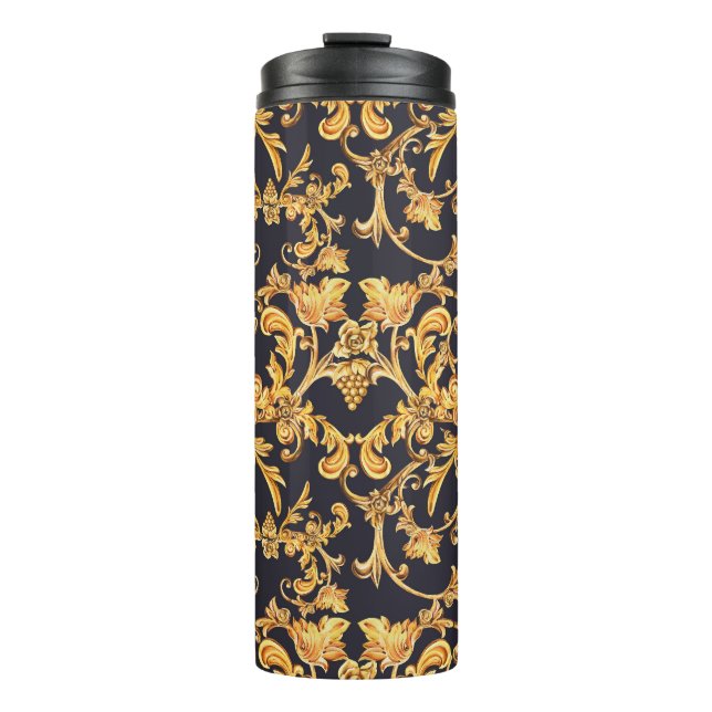 Golden Baroque, Scroll Leaves Pattern. Thermal Tumbler (Front)