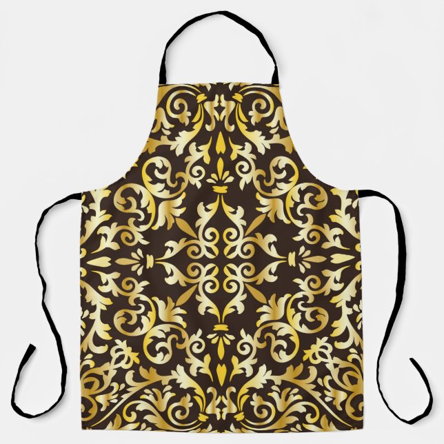 Golden baroque seamless pattern on black backgroun apron (Front)