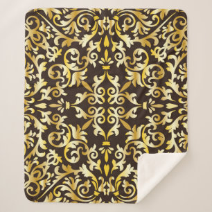 Golden baroque seamless pattern on black backgroun sherpa blanket