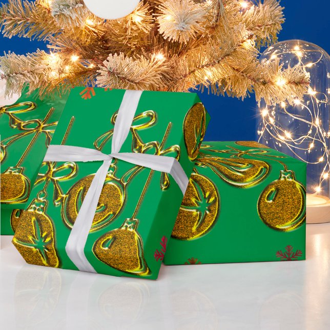 Golden Baubles and Snowflakes Green Christmas Wrapping Paper (Creator Uploaded)