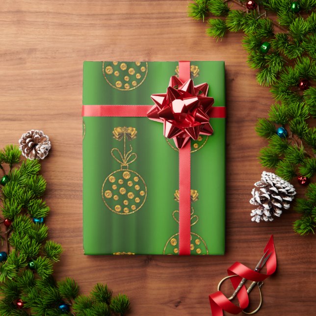 Golden Baubles on Green Christmas Wrapping Paper (Holiday Gift)