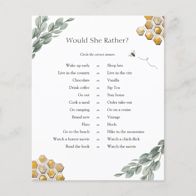 Golden Bee and Eucalyptus Would She Rather Game (Front)