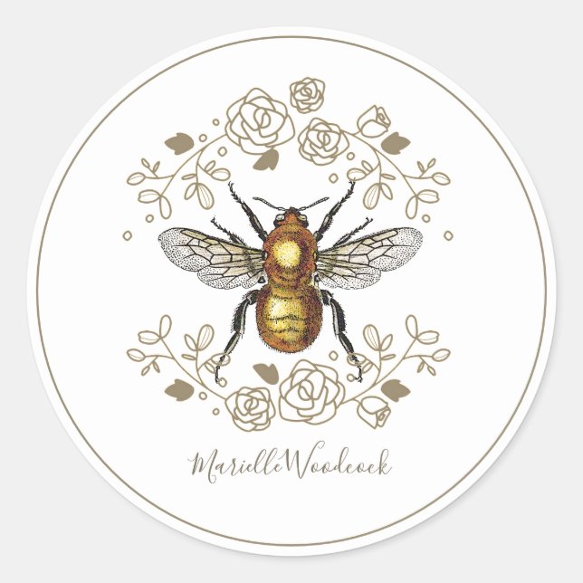 Golden Bee And Rose Floral Laurel Classic Round Sticker (Front)