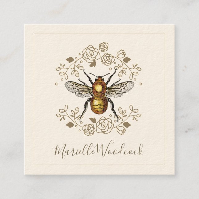 Golden Bee And Rose Floral Laurel Cream Square Business Card (Front)
