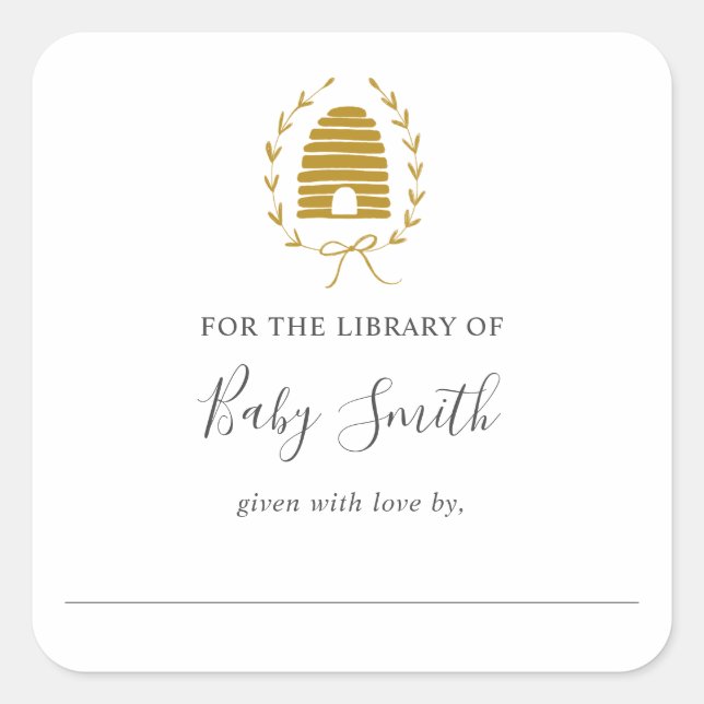 Golden Bee Baby Shower Library Bookplate Square Sticker (Front)