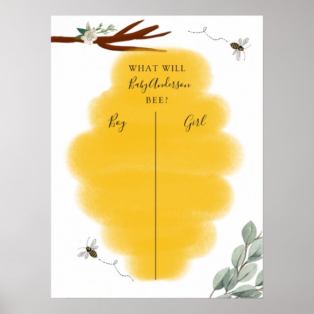 Golden Bee & Eucalyptus Gender Reveal Voting Poster (Front)