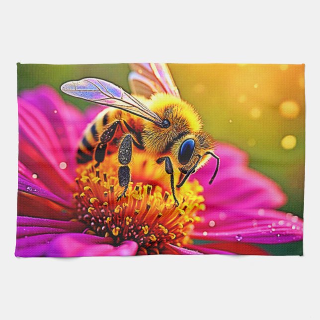Golden Bee Flower Magic Light Design Tea Towel (Horizontal)