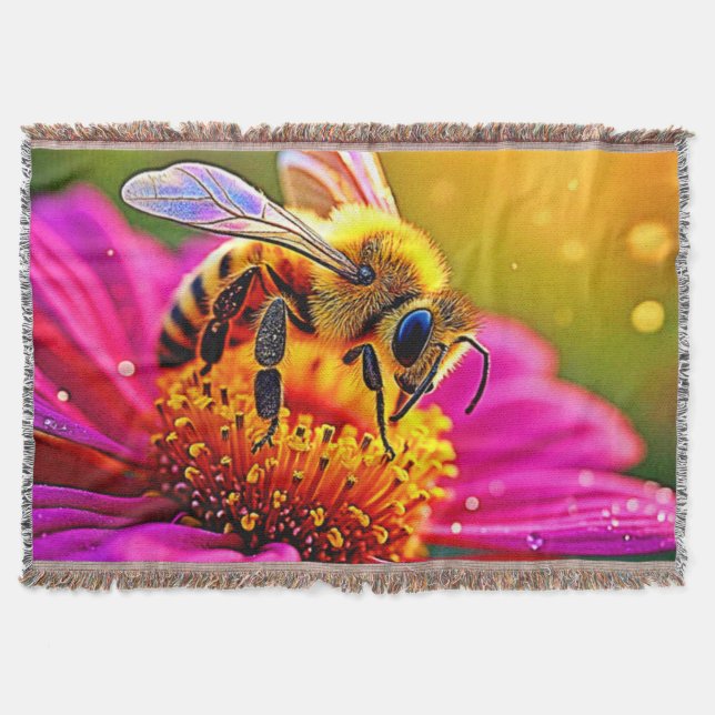 Golden Bee Flower Magic Light Design Throw Blanket (Front)