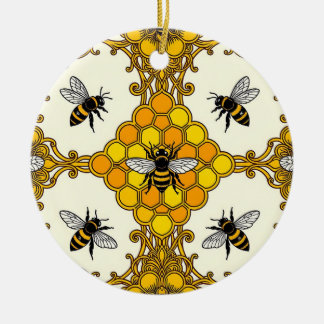 Golden Bee Honeycomb Pattern Ceramic Ornament