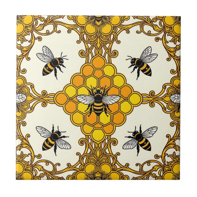 Golden Bee Honeycomb Pattern Ceramic Tile (Front)