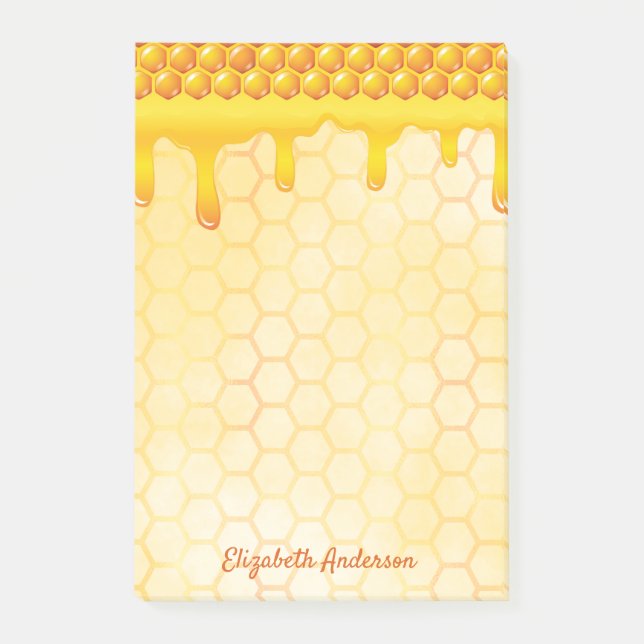 Golden bee honeycomb pattern honey dripping name post-it notes (Front)
