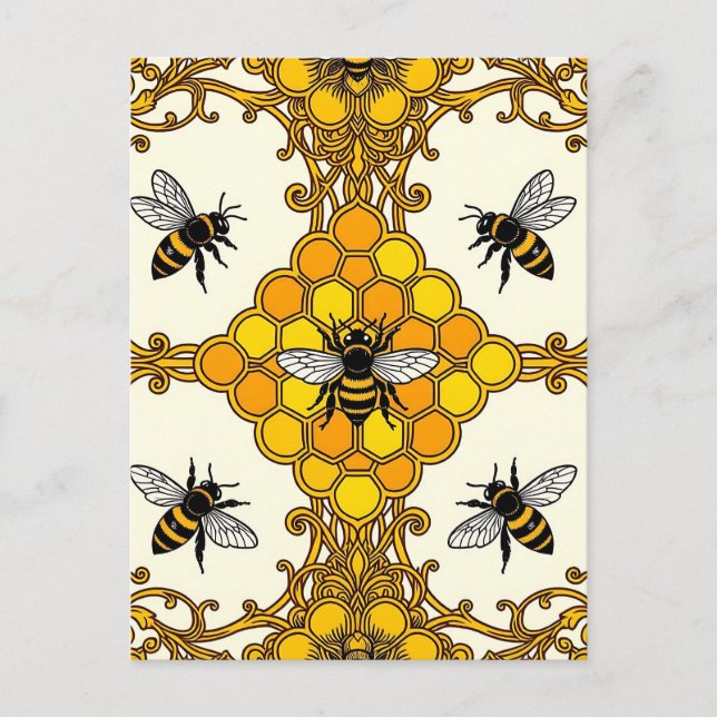 Golden Bee Honeycomb Pattern Postcard (Front)