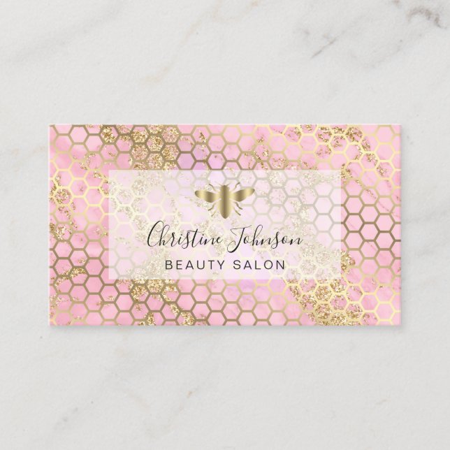 golden bee on FAUX glitter pink honeycomb Business Card (Front)