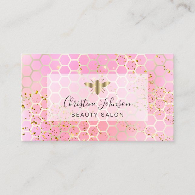 golden bee on FAUX glitter pink honeycomb Business Card (Front)