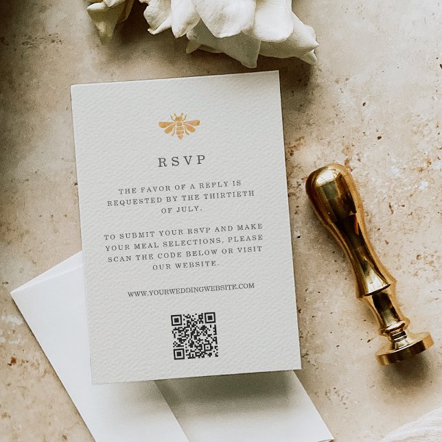 Golden Bee Watercolor Wedding QR Code RSVP Card (Creator Uploaded)