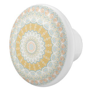 Golden Beige and Blue Mandala Pattern Design Ceramic Knob