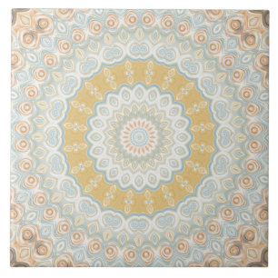 Golden Beige and Blue Mandala Pattern Design Ceramic Tile