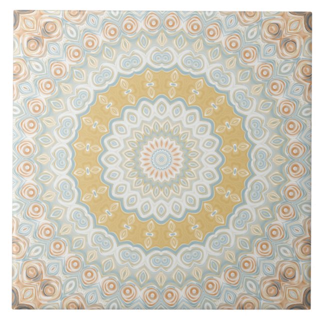 Golden Beige and Blue Mandala Pattern Design Ceramic Tile (Front)