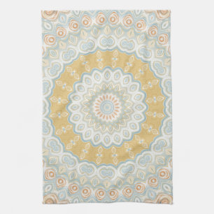 Golden Beige and Blue Mandala Pattern Design Tea Towel