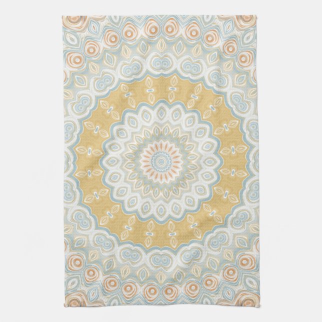 Golden Beige and Blue Mandala Pattern Design Tea Towel (Vertical)