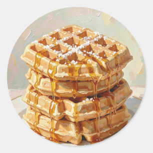 Golden Belgian Waffles Syrup Oil Painting Classic Round Sticker