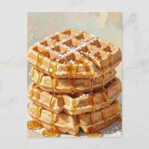 Golden Belgian Waffles Syrup Oil Painting Postcard