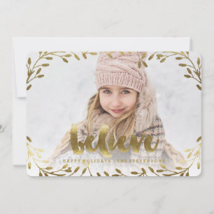 Golden Believe   Whimsical Wreath Holiday Card