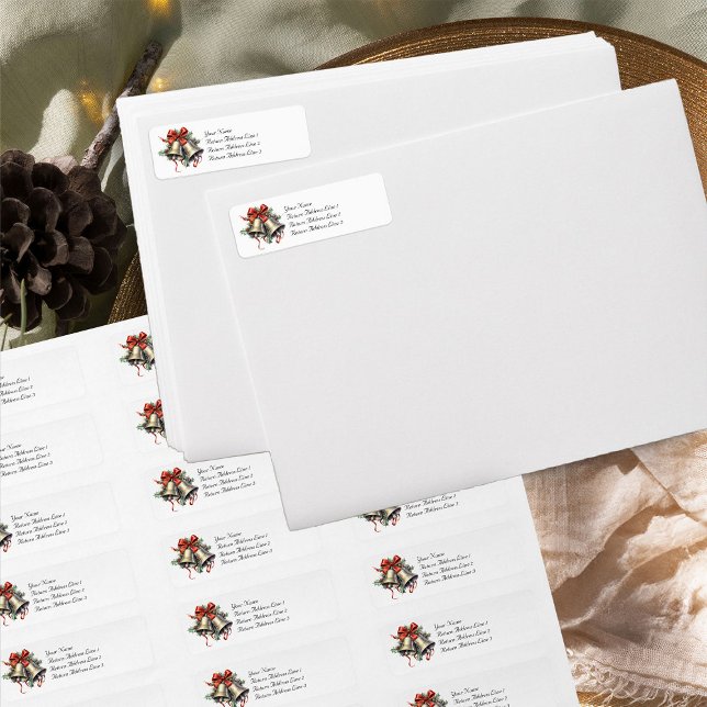 Golden Bells Holly and Red Bow Return Address Label (Return address labels from the Holly Bells Wedding Collection by Darling & May)