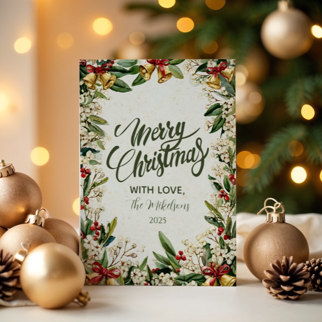 Golden Bells Holly Christmas Holiday Card (Creator Uploaded)