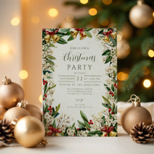 Golden Bells Holly Christmas Invitation