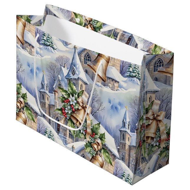 Golden Bells of Christmas Day Large Gift Bag (Front Angled)