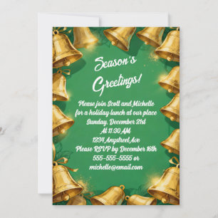 Golden Bells on Green Christmas Party Invitation