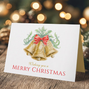 Golden bells watercolor green red merry Christmas Card