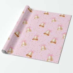 Golden Bells with Pink Bows Wrapping Paper