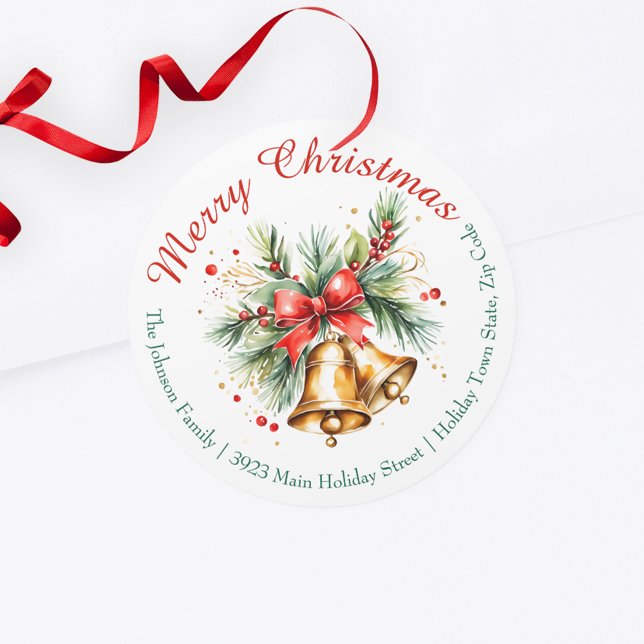 Golden Bells with Red Bow Christmas Return Address Classic Round Sticker (Creator Uploaded)