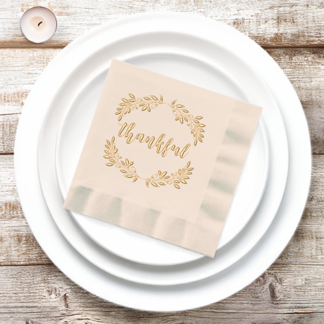 Golden Berry Branch Wreath Thankful Thanksgiving Foil Napkins (Inisitu)
