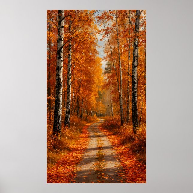 🍂 Golden Birch Forest Path in Soft Autumn Light ✨ Poster (Front)