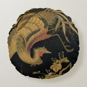 Golden Bird Japanese Classic Antique Round Cushion