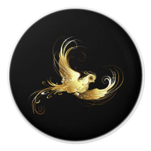 Golden Bird on Black Background Ceramic Knob