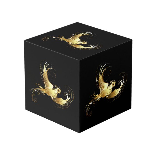 Golden Bird on Black Background Cube (Front Angled)