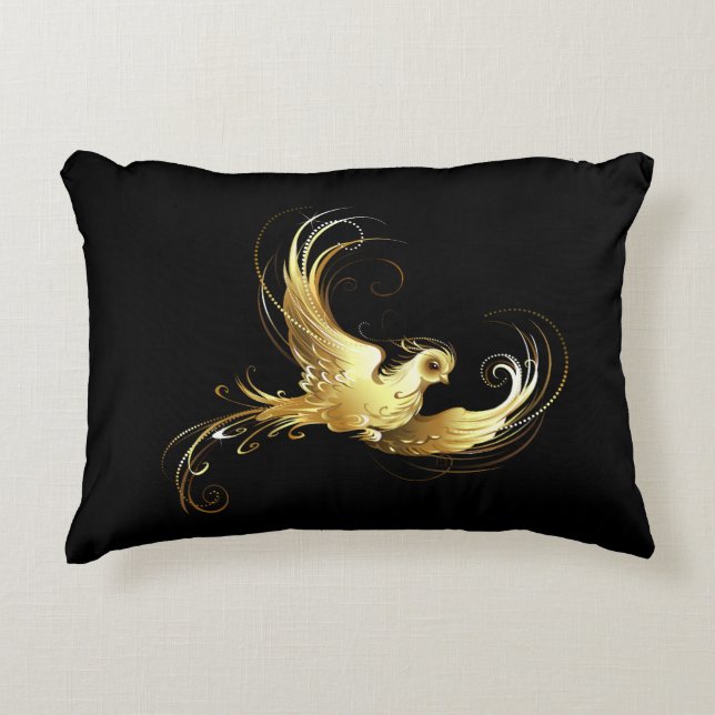 Golden Bird on Black Background Decorative Cushion (Front)