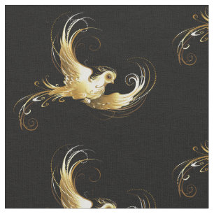 Golden Bird on Black Background Fabric