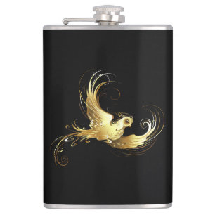 Golden Bird on Black Background Hip Flask