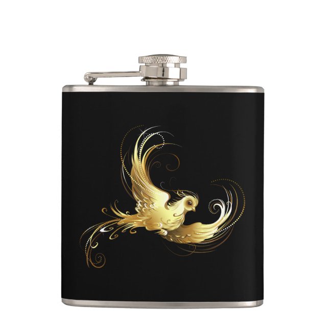 Golden Bird on Black Background Hip Flask (Front)