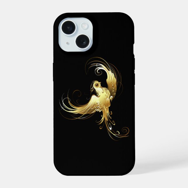 Golden Bird on Black Background iPhone 15 Case (Back)