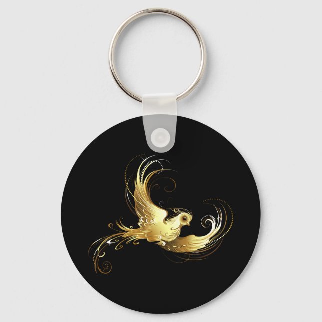 Golden Bird on Black Background Key Ring (Front)