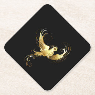 Golden Bird on Black Background Paper Coaster