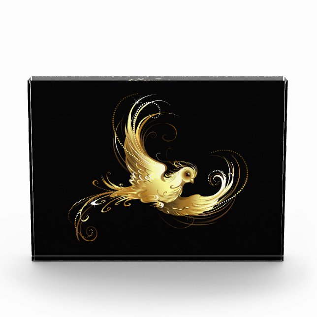 Golden Bird on Black Background Photo Block (Front)